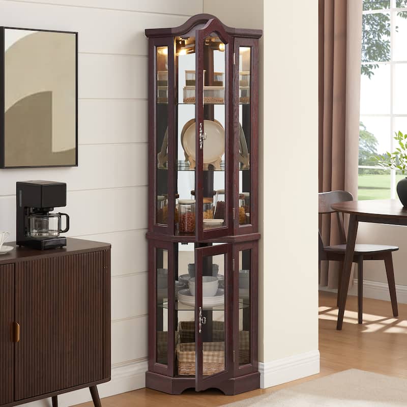 Lighted Glass Display Curio Cabinet, Curved Wood Corner Cabinet, China Cabinet with Tempered Glass Doors & Shelves
