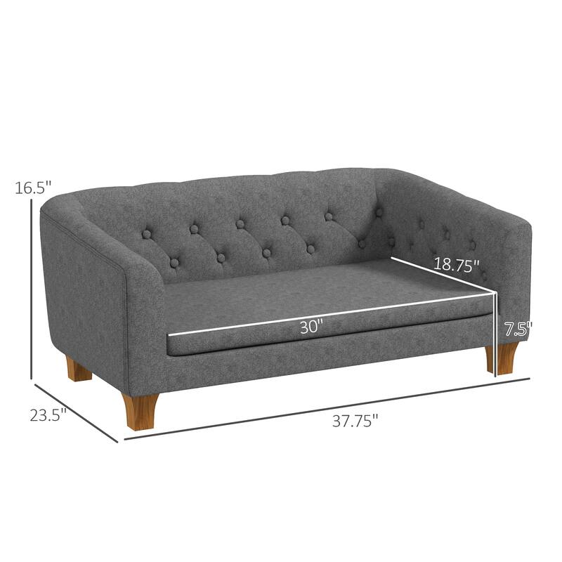 Medium Dog Sofa with Removable Faux Linen Cushion Pine Wood Frame Gray and Natural Wood Finish - 37.75" W x 23.5" D x 16.5" H