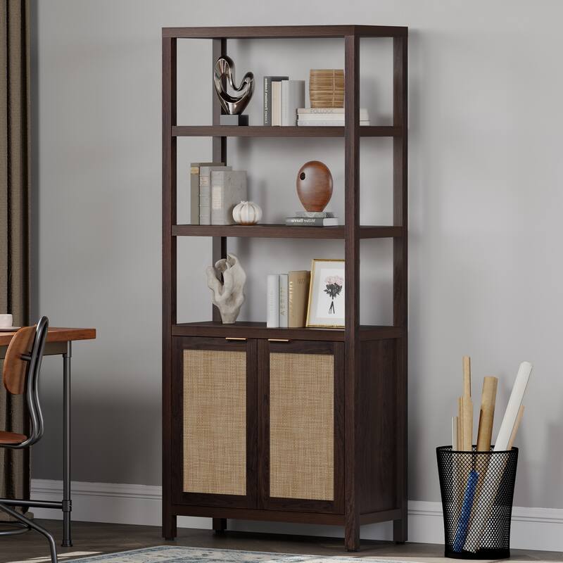 SICOTAS 5 Tier Adjustable Bookshelf with Rattan Storage Cabinet