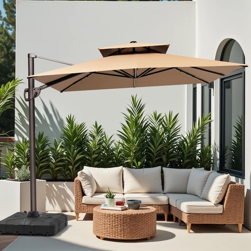 11 x 9 ft Outdoor Rectangular Patio Offset Cantilever Umbrella with 360-degree Rotation and 6 Shade Angles - Tan - with Base
