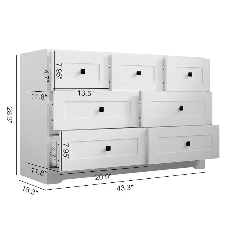 White 7 Drawer Dresser, Modern Chest of Drawers with Farmhouse Barn Door Style, Storage Cabinet for Bedroom and Entryway
