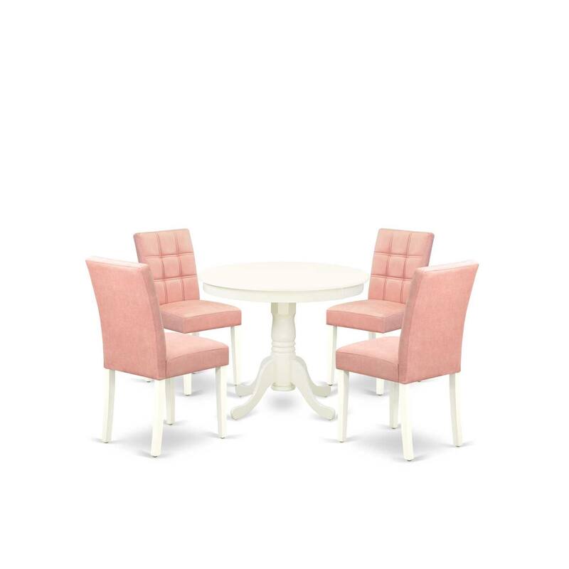 5 Piece Dining Table Set Round Pedestal Table & 4 Parsons Chairs Linen White