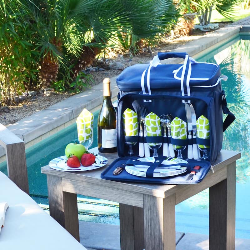 Picnic at Ascot Equipped Picnic Cooler Bag for 4 on Wheels - Blue/Trellis Green