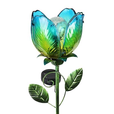 Exhart Solar Flower Garden Stake Made of glass and metal, 6 by 36 Inches