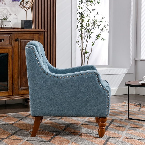 Blue Accent Chair with Vintage Brass Studs, Button Tufted