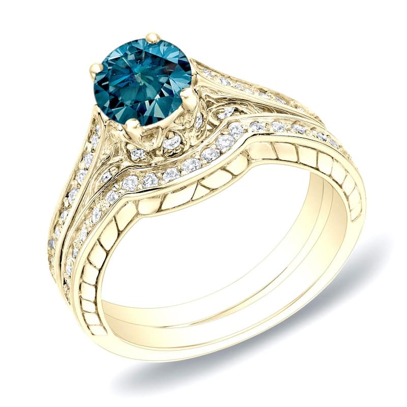 Auriya 14k Gold 1ctw Unique Blue Diamond Engagement Ring Set - Yellow - 4