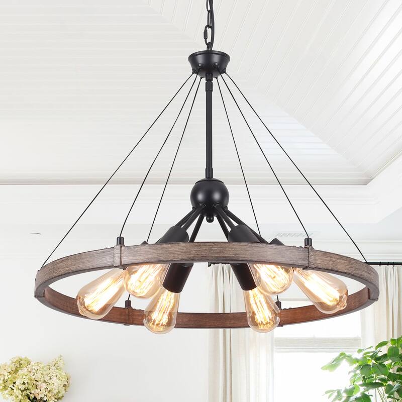6-Light Dimmable Sputnik Chandelier, Farmhouse Wagon Wheel Chandelier for Dining Room Living Room Bedroom Kitchen