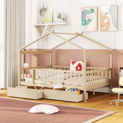 Natural Full Size Wooden House Bed with Two Drawers and Roof