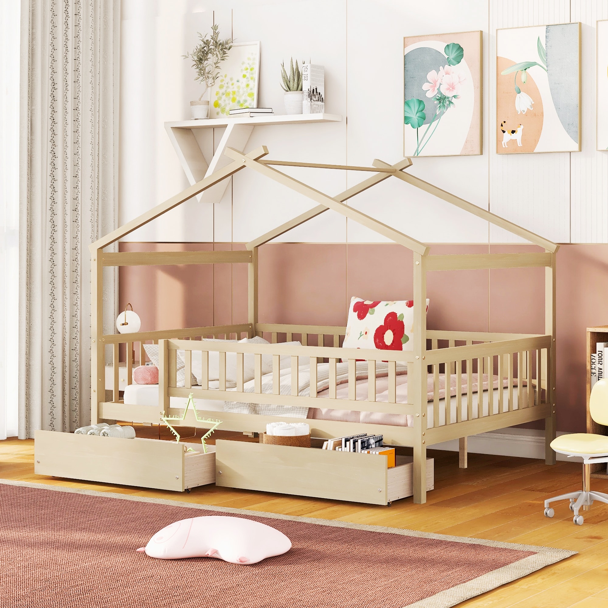 Traditional Full Size Wooden House-shape Bed with Two Storage Drawers,Guardrail and Roof