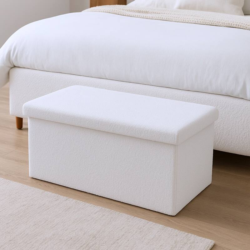 HomeRoots 30" White Boucle Storage Ottoman - White