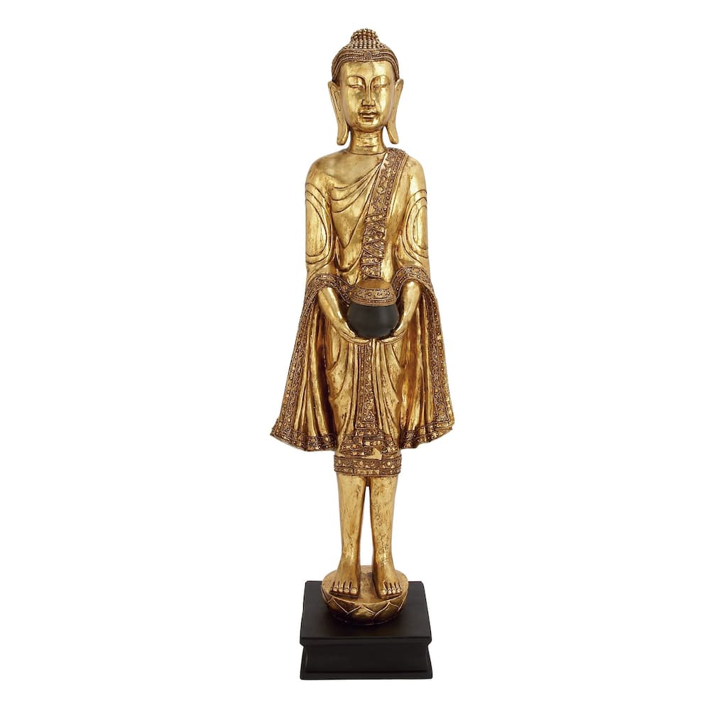 Polystone Buddha Standing Floor Sculpture with Engraved Carvings and Relief Detailing - Gold - Roche River Decor