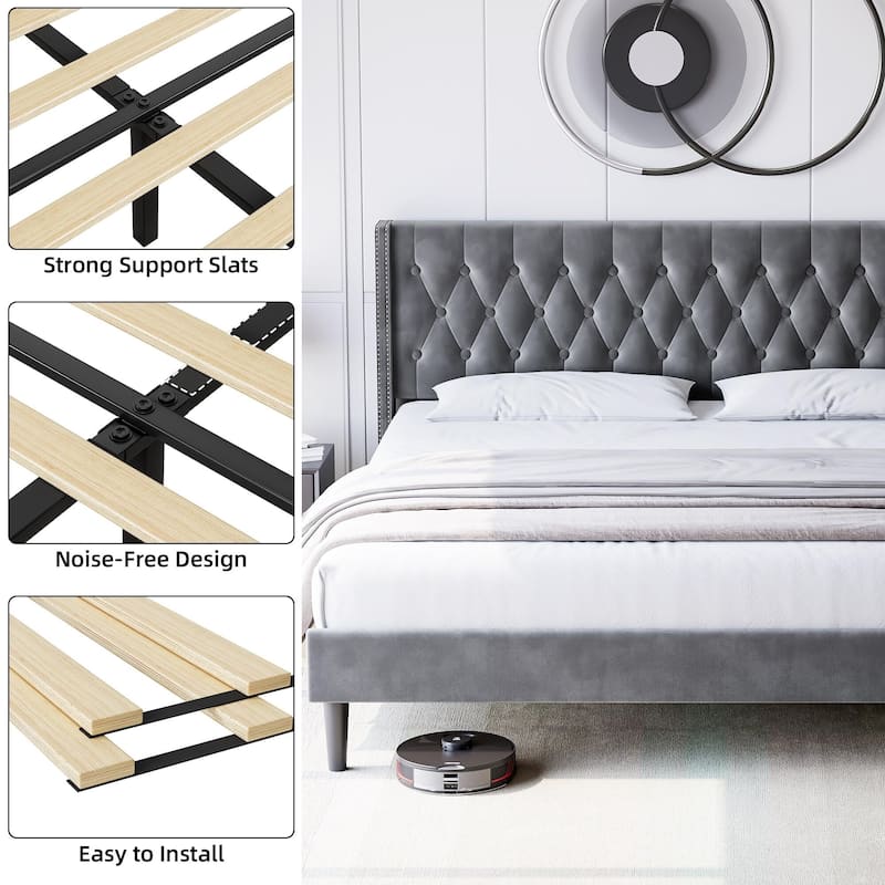 Upholstered Bed Frame with Velvet Headboard Wingback