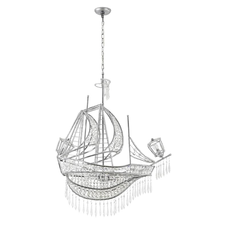 4-Light Antique Silver Sail Boat Chandelier With Clear Crystal Accents