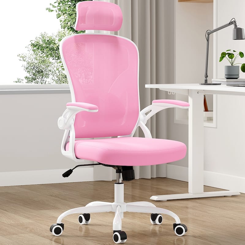 Ergonomic Office Chair, Office Desk Chair with Headrest, High Back Computer Chair with Armrests and Adjustable Lumbar Support - Pink+White