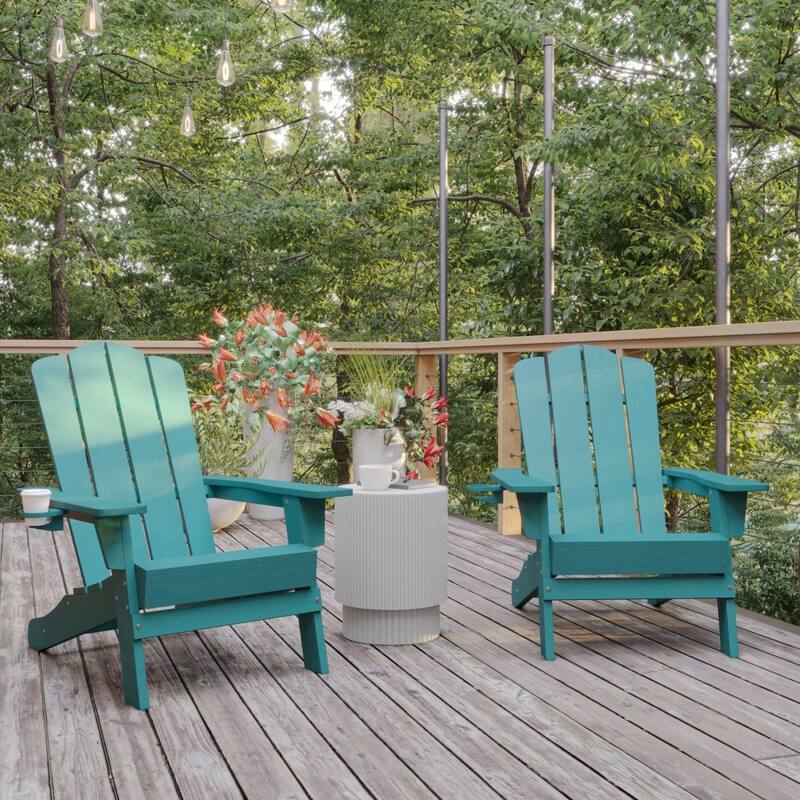 Set of 2 Commercial All-Weather Adirondack Chairs with Cupholders - Blue