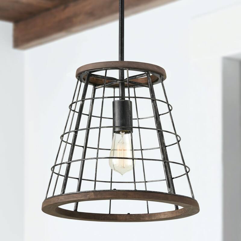 1-light Cage Pendant in Zinc w/ Mango Wood Accents