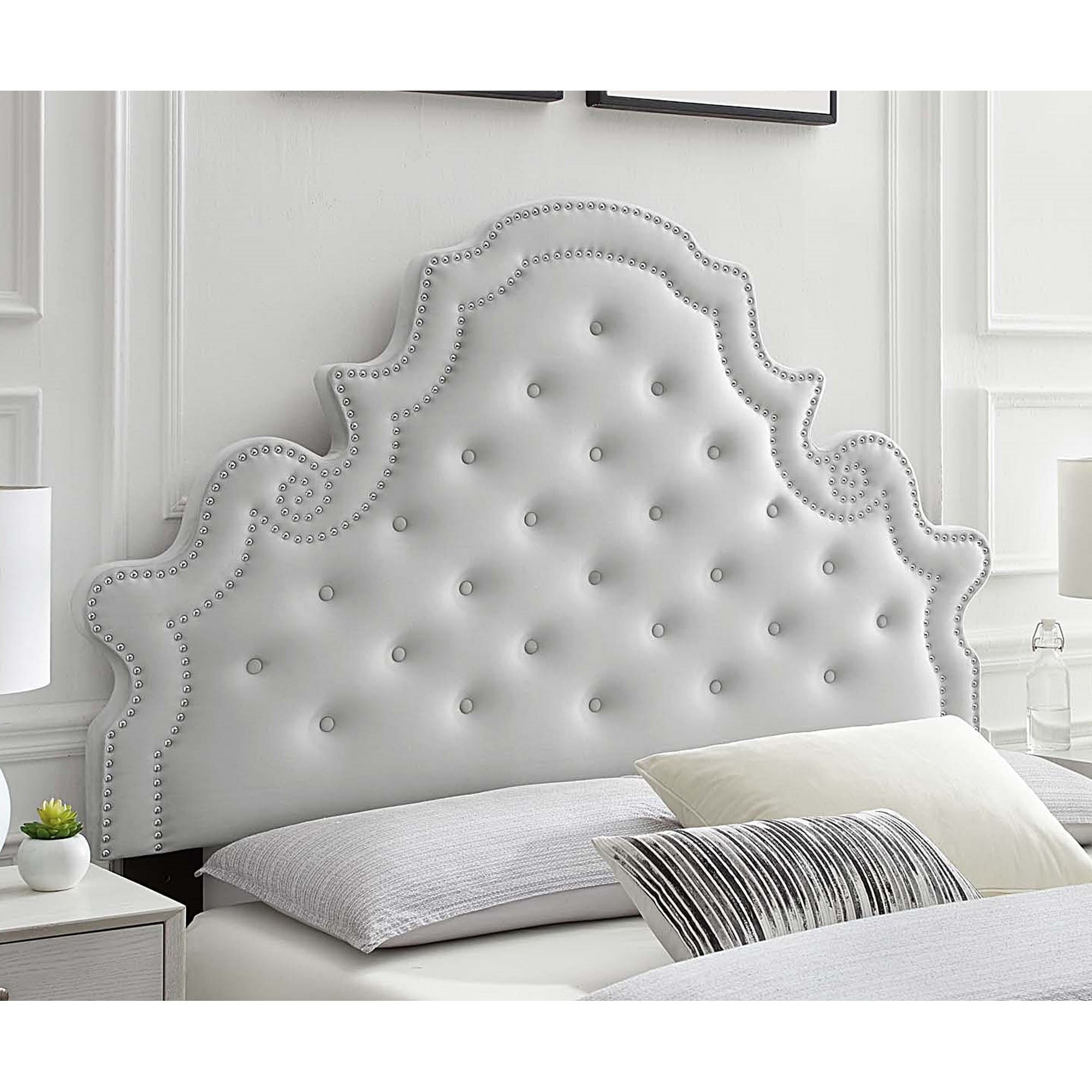 Rounded Upholstered Beige Bed Headboard Padded Tufted in King California King 