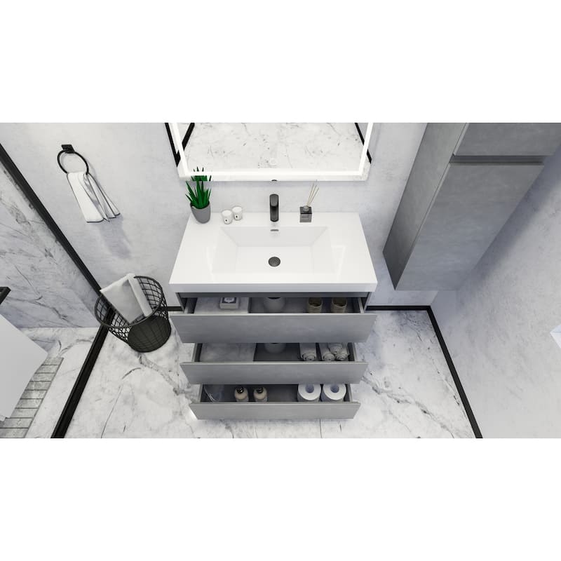 Angeles 36" freestanding bath vanity with single basin reinforced acrylic top.
