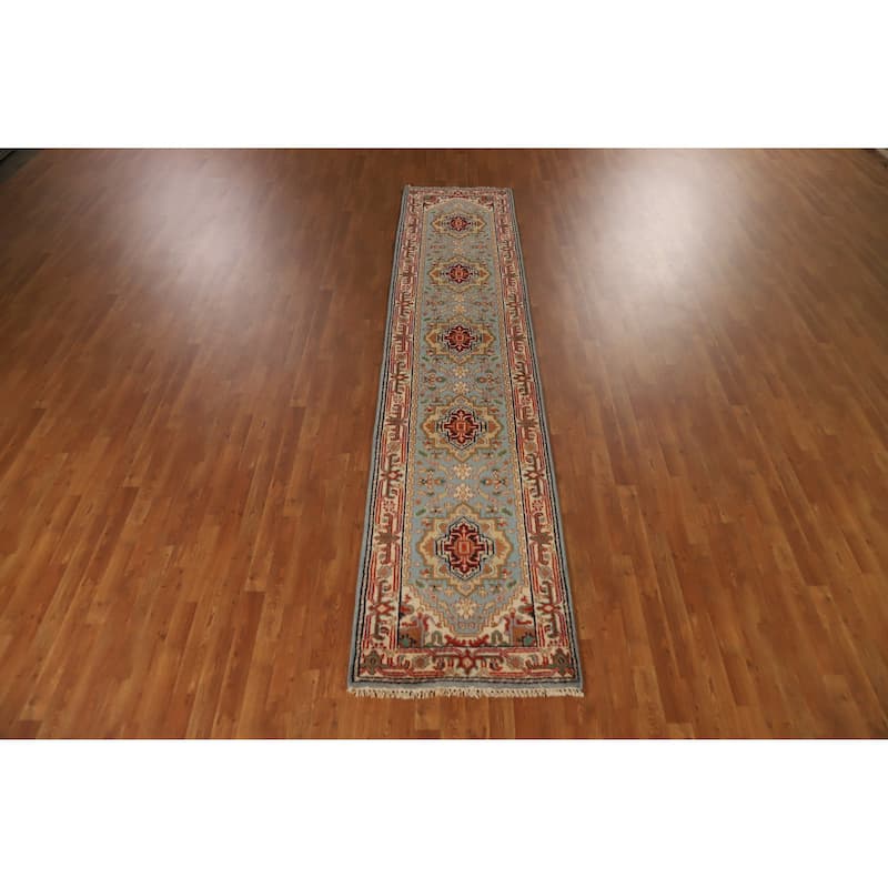 Light Blue Heriz Serapi Runner Rug Handmade Traditional Wool Carpet - 2'7" x 12'2"