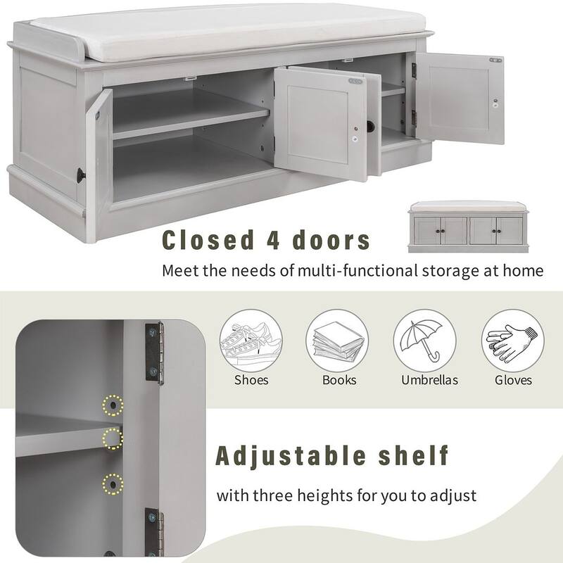 42.70" Modern Versatile Entry Upholstered Storage Bench with 4 Doors, Adjustable Shelves and Shoe Racks