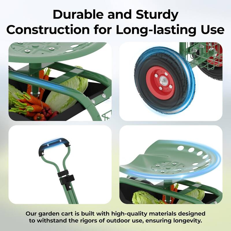 Garden Scooter Rolling Work Seat, 360° Swivel