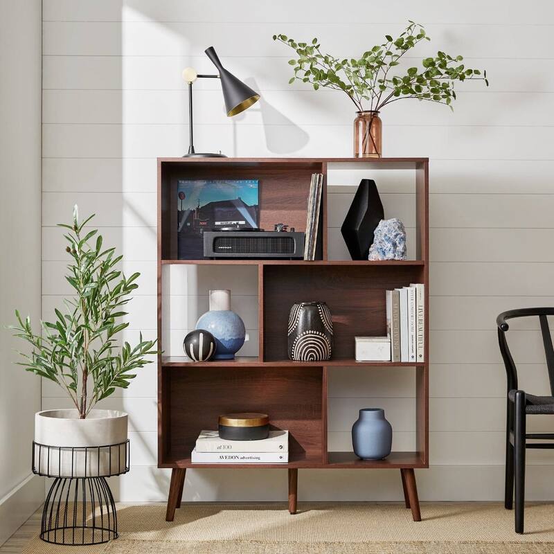 Mid Century Modern Bookcase Storage Unit with Wood Grain Finish - 39"(L) x 12"(W) x 52.25"(H) - Walnut