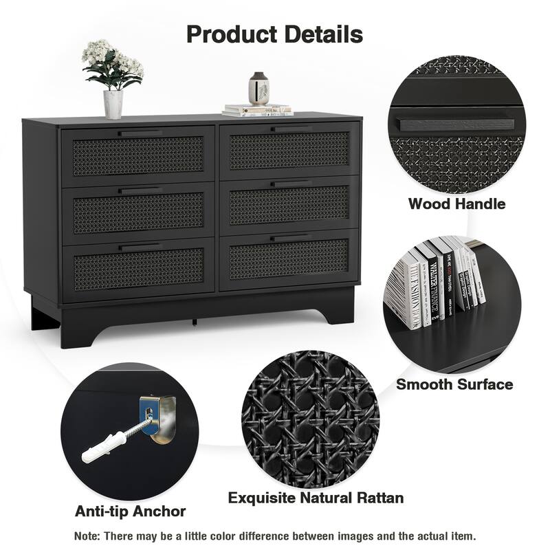 Anmytek Modern Black 6-Drawer Double Dresser for Bedroom Wood Rattan Chest of Drawers