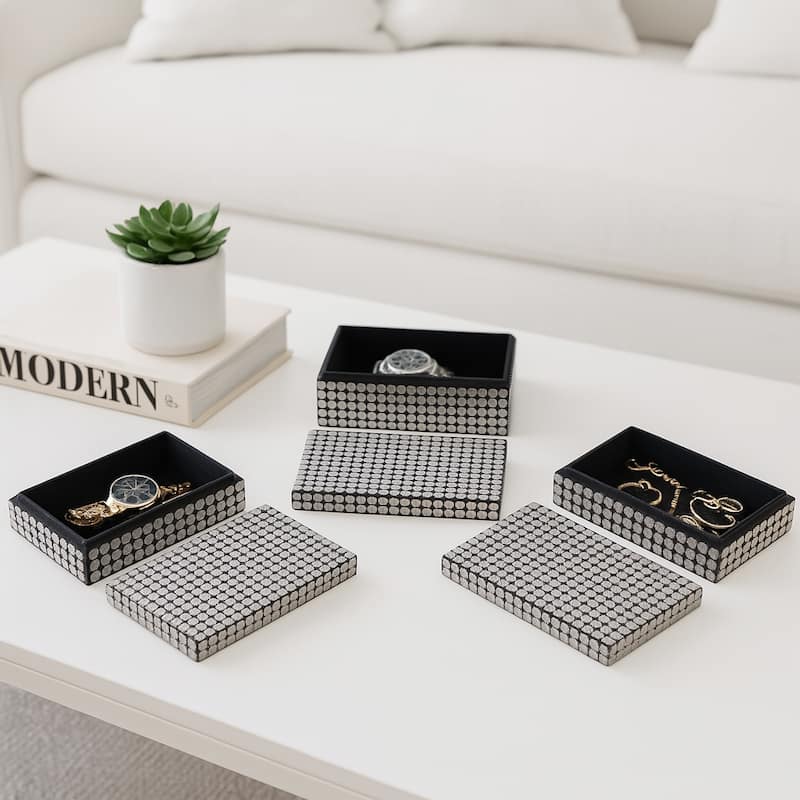 Decorative Resin Studded Box with Lid - (Set of 3) - Black - 12" x 8" x 3.75" - 12" x 8" x 3.75" - Black