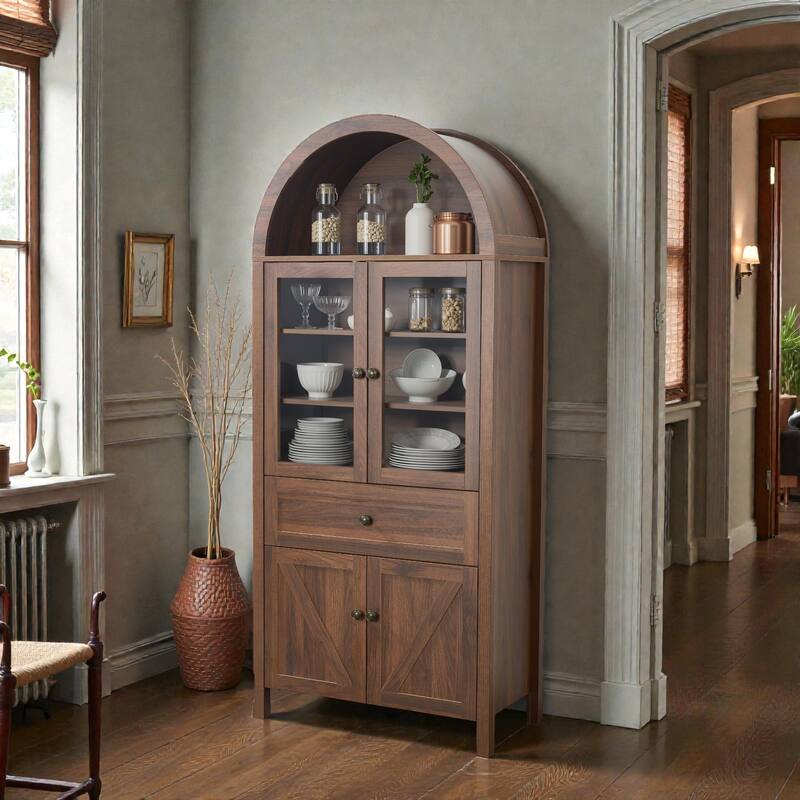 Vintage Dome Cabinet with Arched Design, Large Storage Display Cabinet with Adjustable Shelves for Living Room