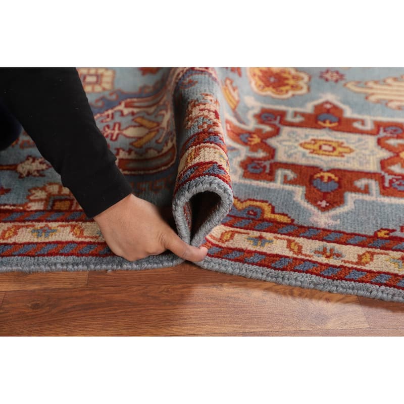 Light Blue Geometric Oushak Oriental Foyer Rug Handmade Wool Carpet - 4'0"x 6'2"