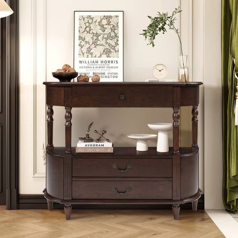Retro 43" Curved Wood Console Table with 3 Drawers and Open Shelf, Sofa Table Behind Couch for Living Room and Hallway Storage - Espresso