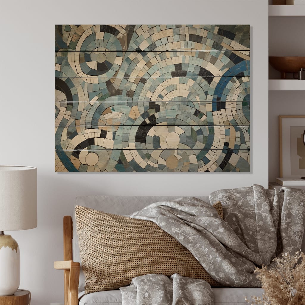 Designart "Blue And White Bohemian Medley" Boho Mosaic Print on Natural Pine Wood
