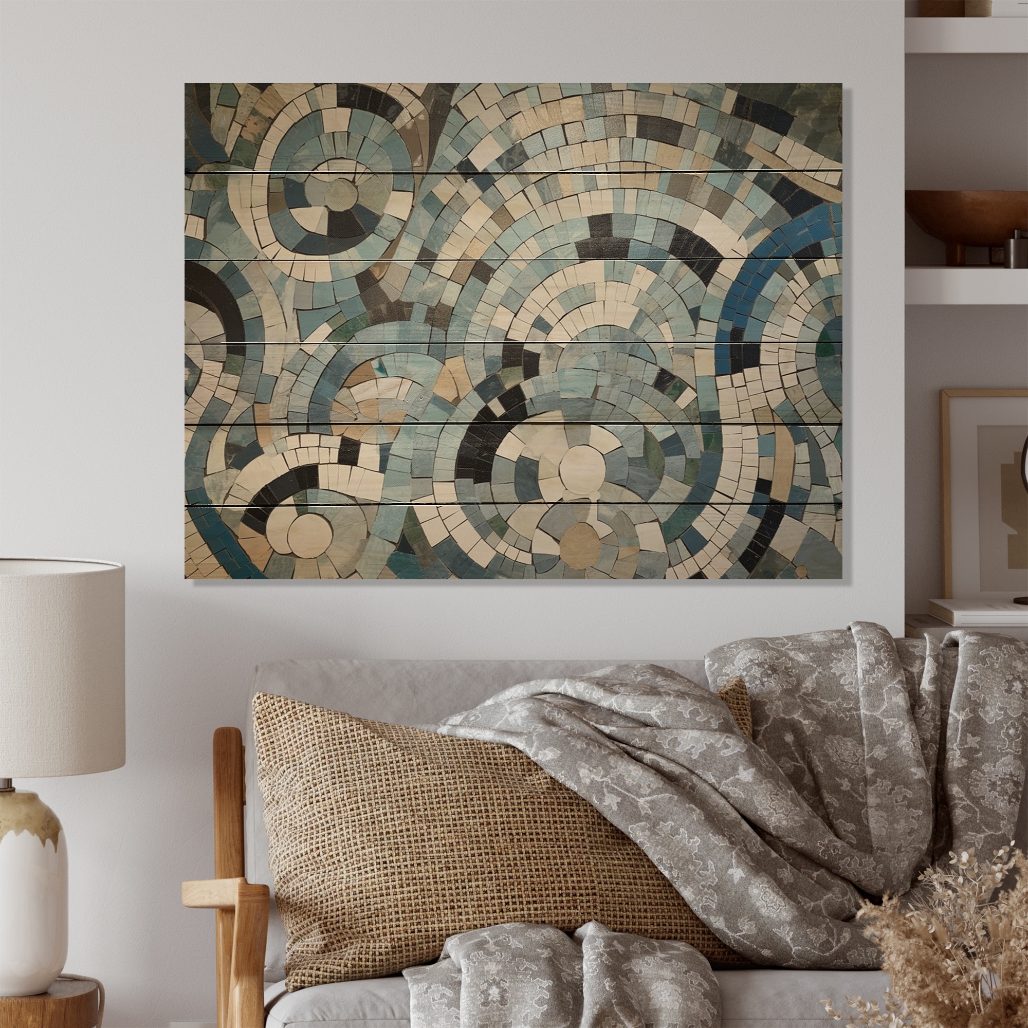 Designart "Blue And White Bohemian Medley" Boho Mosaic Print on Natural Pine Wood