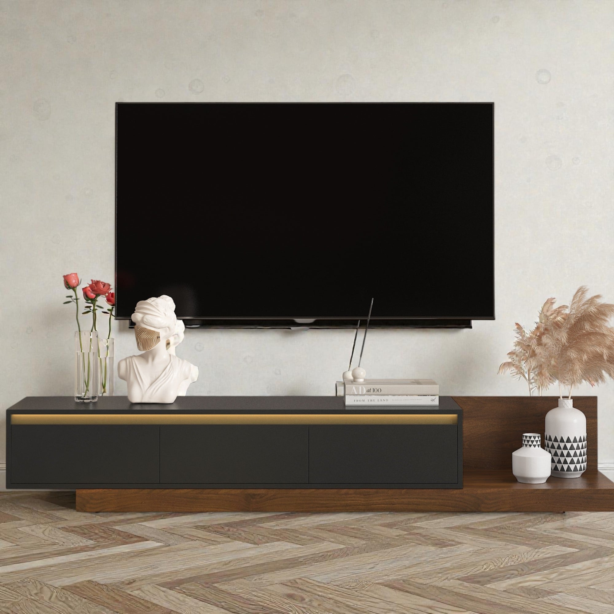 Modern TV Stand with LED Lights, Wooden Entertainment Center Media Cabinet with Storage for Living Room