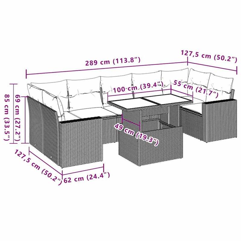 vidaXL Patio Sofa Set with Cushions Outdoor Furniture 8 Piece Poly Rattan - 21.7 x 39.4 x 28.7 in