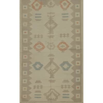 Hand Woven Oriental 100% Wool Carpet Southwestern Tribal Beige & Ivories Kilim Area Rug - 7' 8'' X 4' 10''