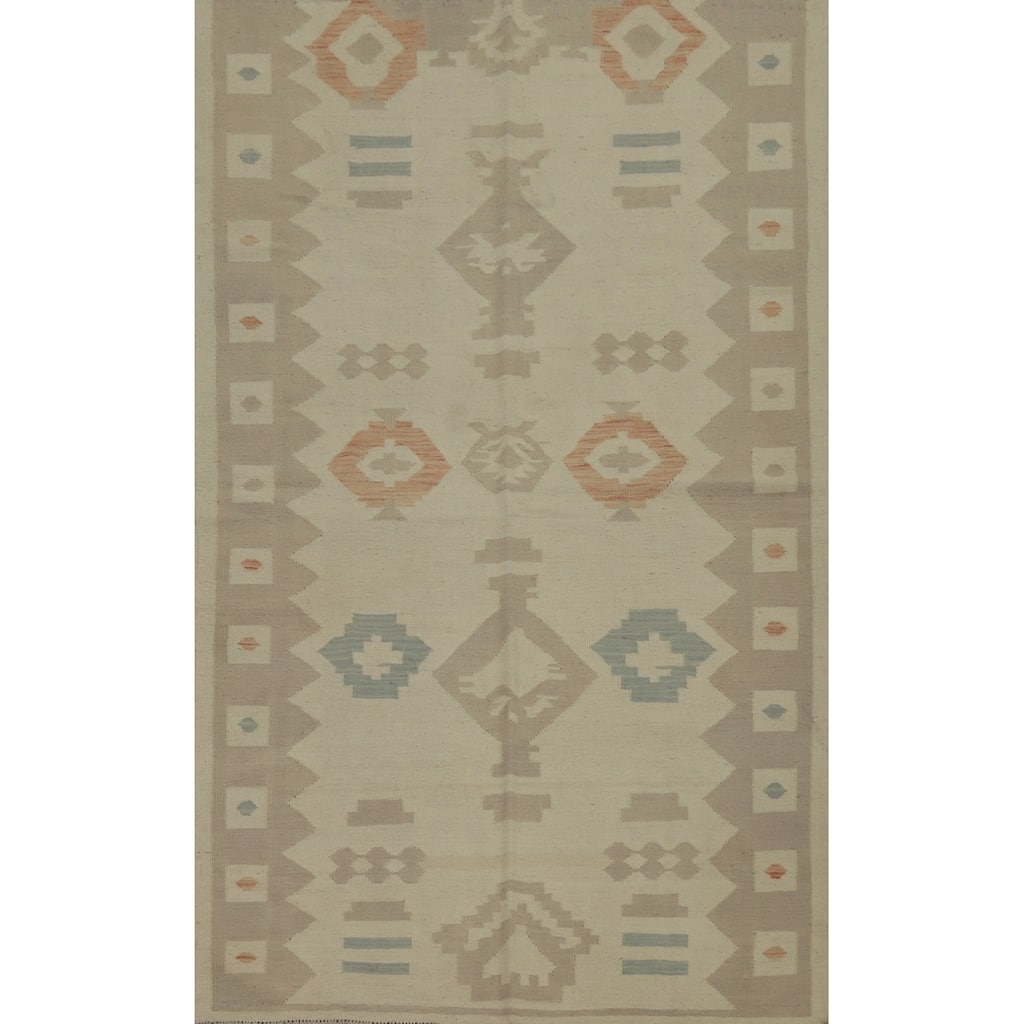 Hand Woven Oriental 100% Wool Carpet Southwestern Tribal Beige & Ivories Kilim Area Rug - 7' 8'' X 4' 10''