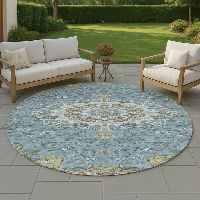 Machine Washable Indoor/ Outdoor Traditional Awaka Chantille Rug - Teal - 8' x 8'