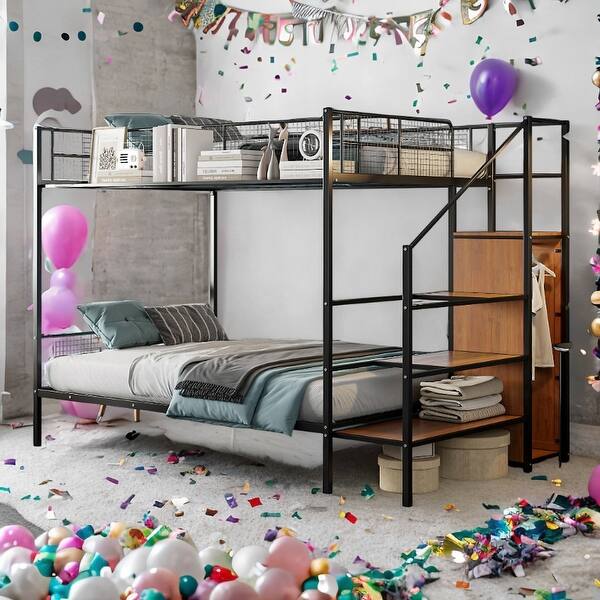 slide 2 of 24, Versatile Design Twin Over Full Metal Bunk Bed with Ladder and Wardrobe Black