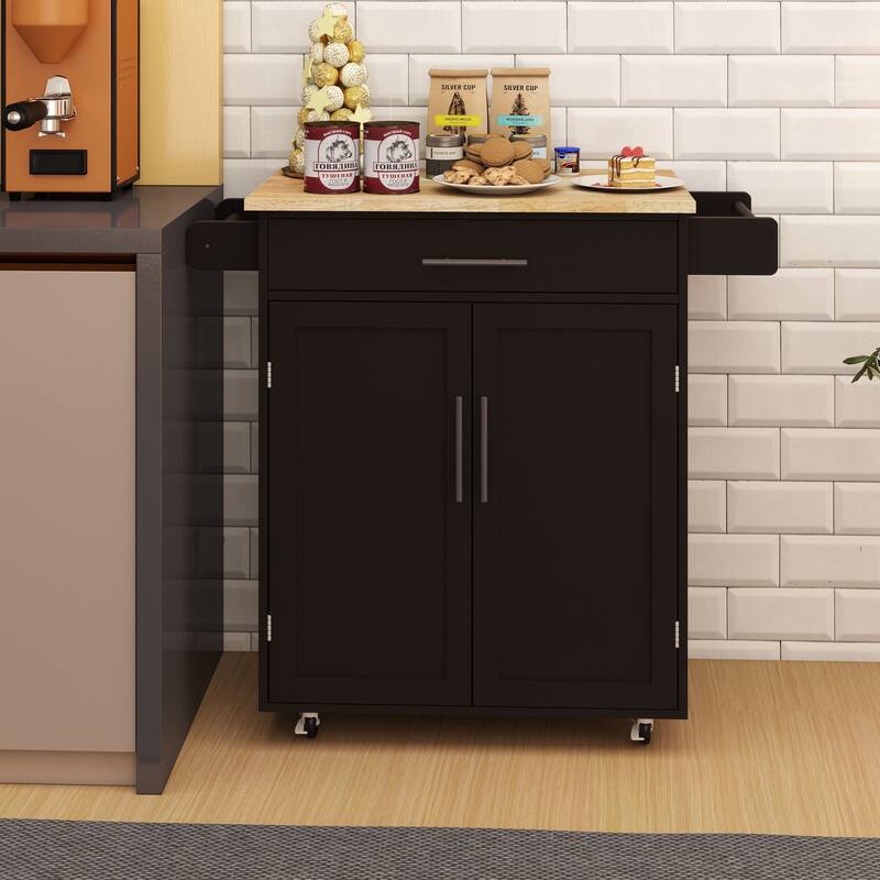 Mobile Kitchen Cart with Rubber Wood Tabletop, Adjustable Storage, and Towel & Seasoning Racks
