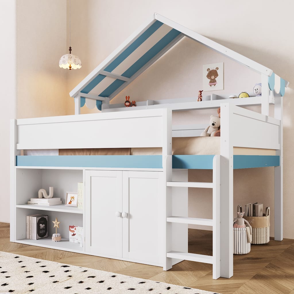 GDFStudio - Solid Wood Full Size Loft Bed with Canopy & Storage Cabinet