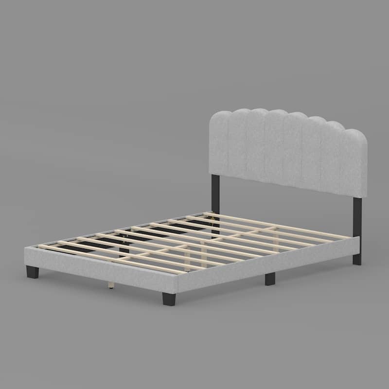 Queen Size Bed Frame Platform with Scalloped Pattern Headboard