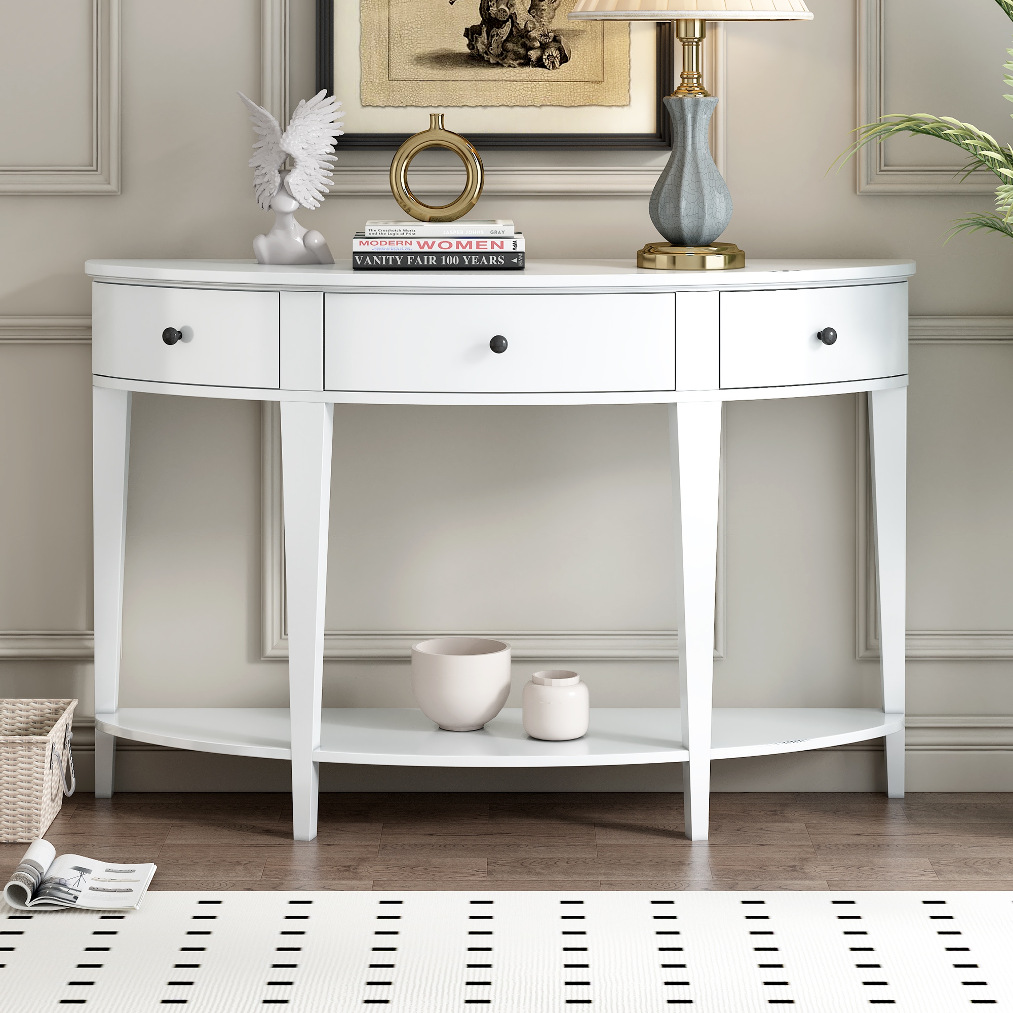 Luxury Soild Wood Curved Console Table 51 Half Moon Hall Sofa Table Entryway Table with Drawers for Living Room Home Furniture