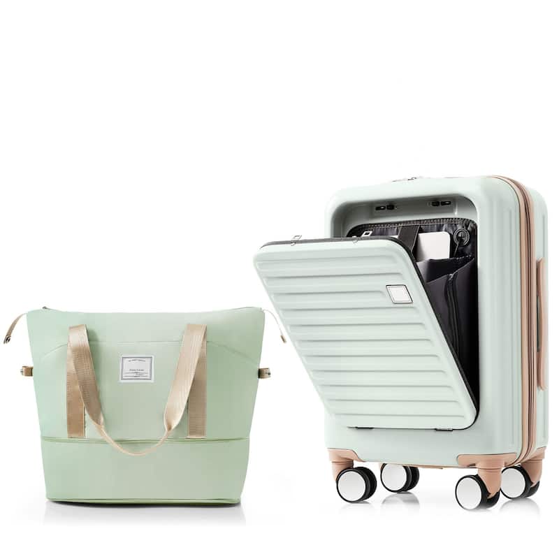 Front Opening Twenty-Inch Carry-On Luggage with Expandable Travel Bag Set - Green