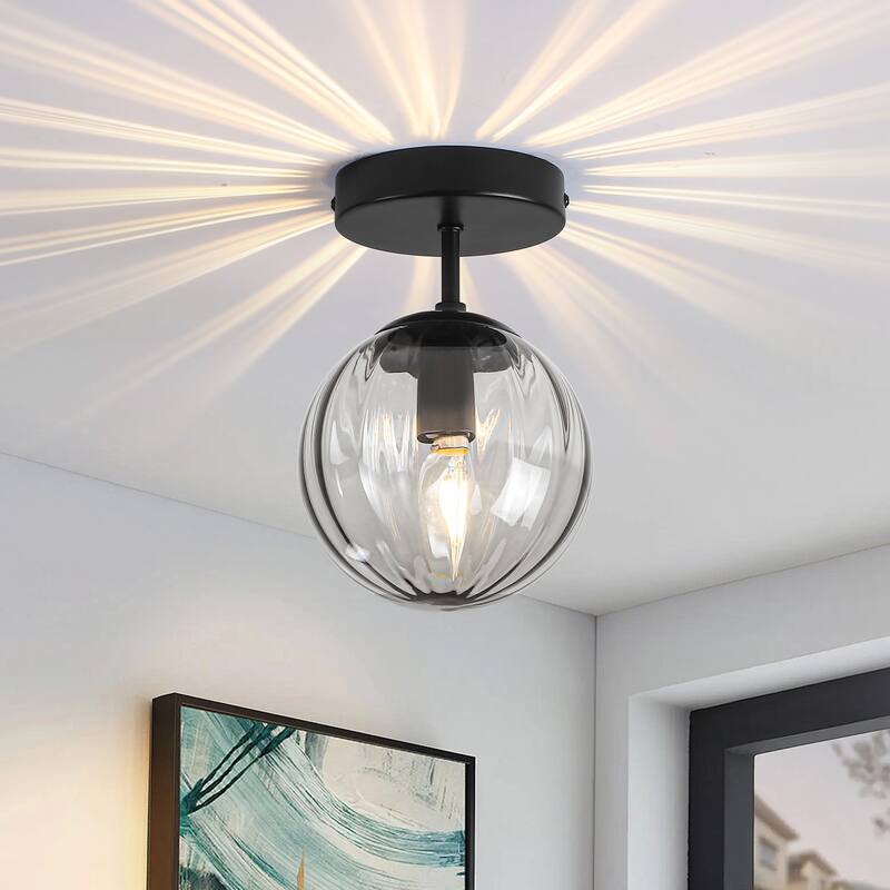 Modern Single Semi Flush Ceiling Light with Metal Base & Ribbed Gray Glass Globe Shade - Matte Black