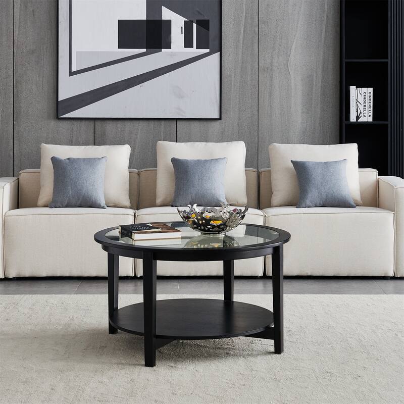 black coffee table with shelf,glass top
