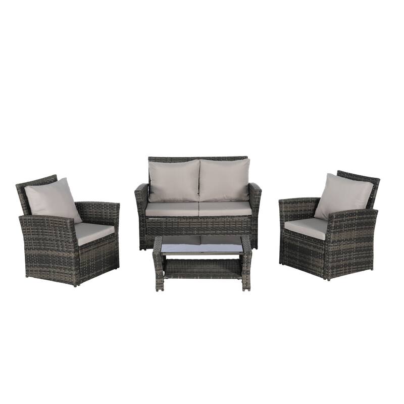4-Piece Outdoor Grey Wicker Conversation Sofa Set with Coffee Table