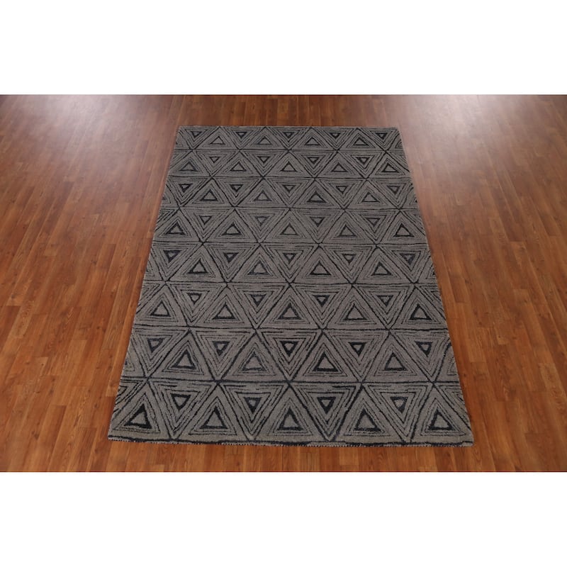 Geometric Grey Modern Indian Area Rug Hand-Tufted Wool Carpet - 5'3" x 7'7"