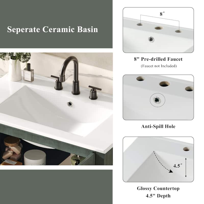 30" Bathroom Vanity with Rectangle Ceramic Sink, Antique Handles and 2 Doors, Solid Wood Legs and Adjustable shelves