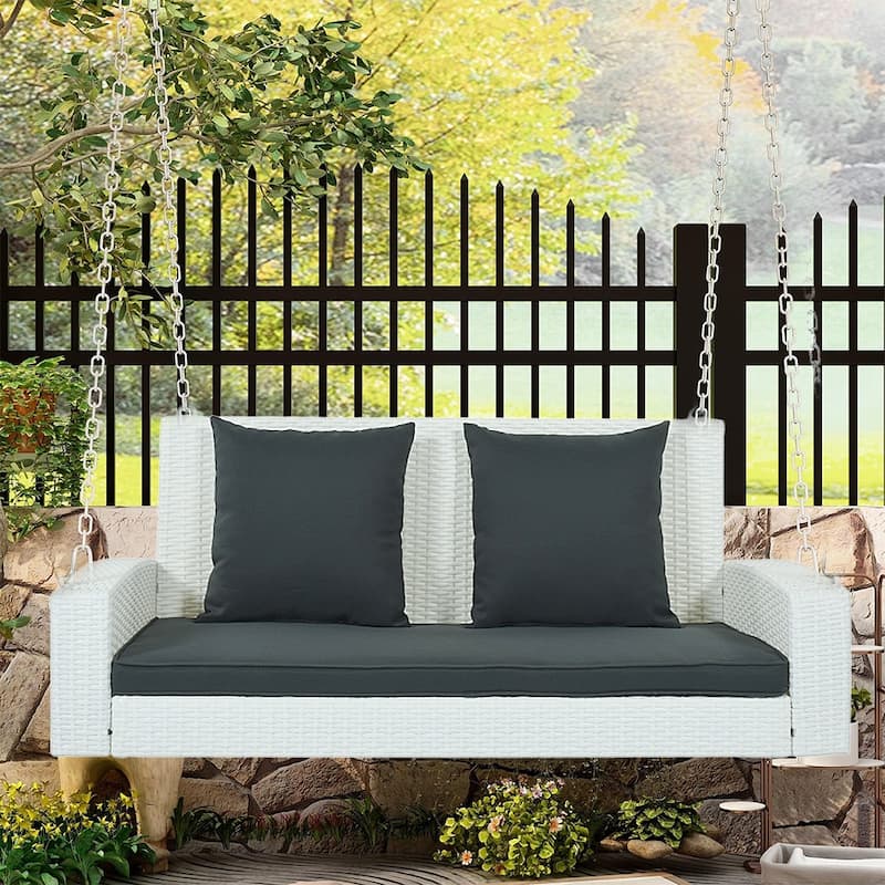 Outdoor Patio 2-Seat Wicker Porch Swing w/ Steel Chain, Cushions - 50"L x 22.4"W x 20.5"H - White&Grey